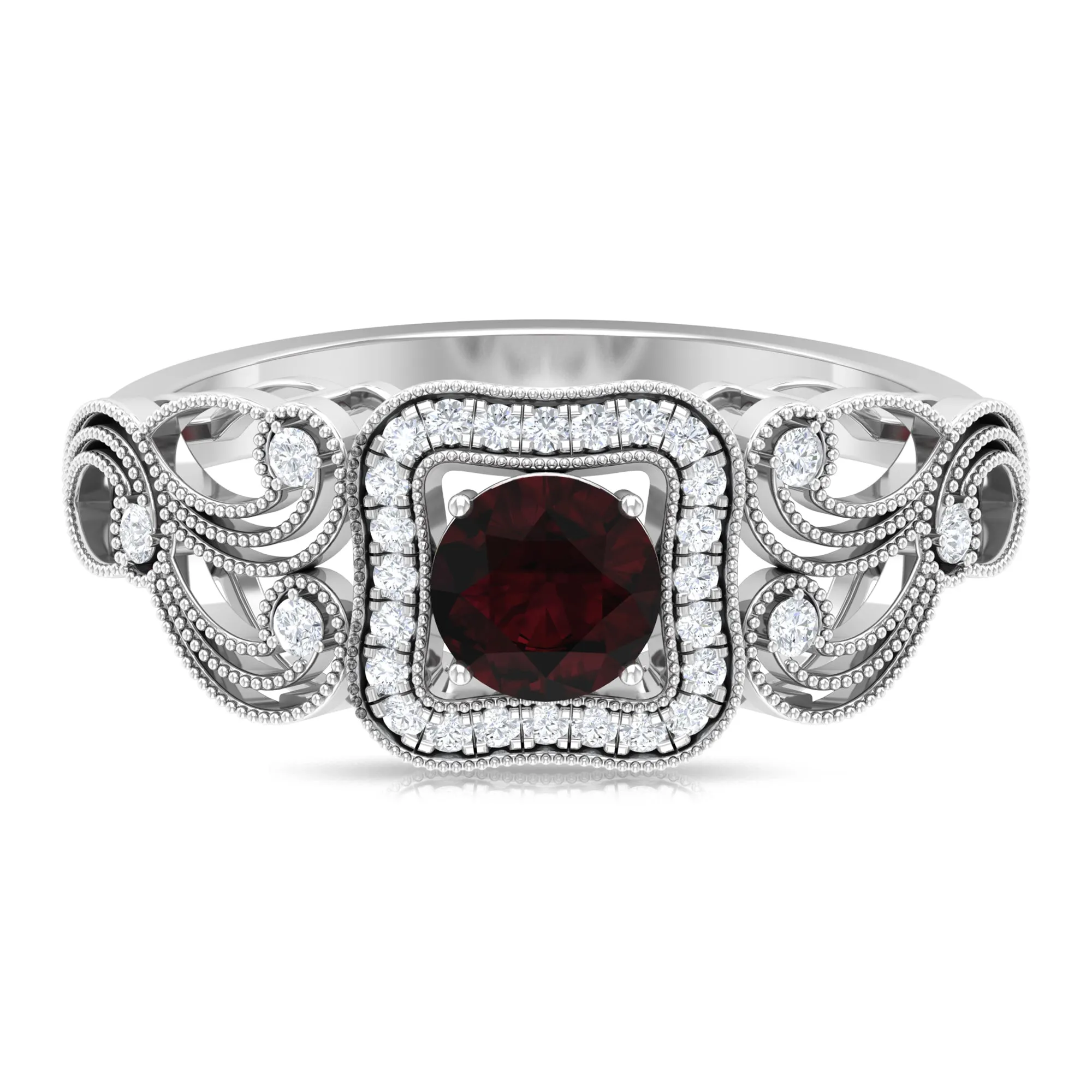 0.75 CT Garnet and Diamond Art Deco Engagement Ring with Milgrain Details