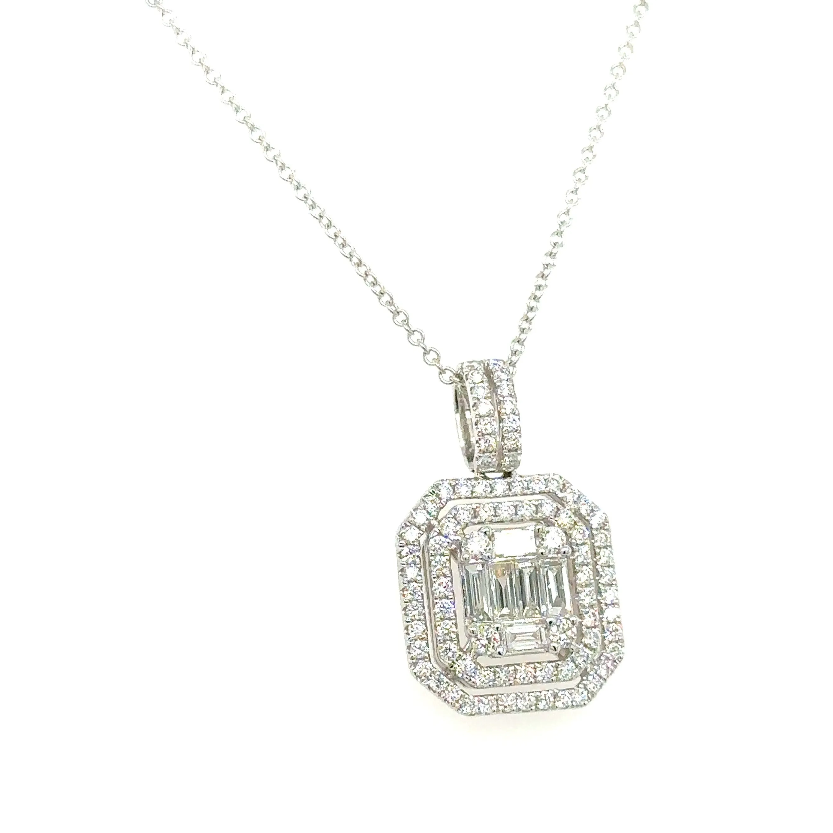 0.83ct tw Emerald Cut Double Halo Diamond Pendant Necklace