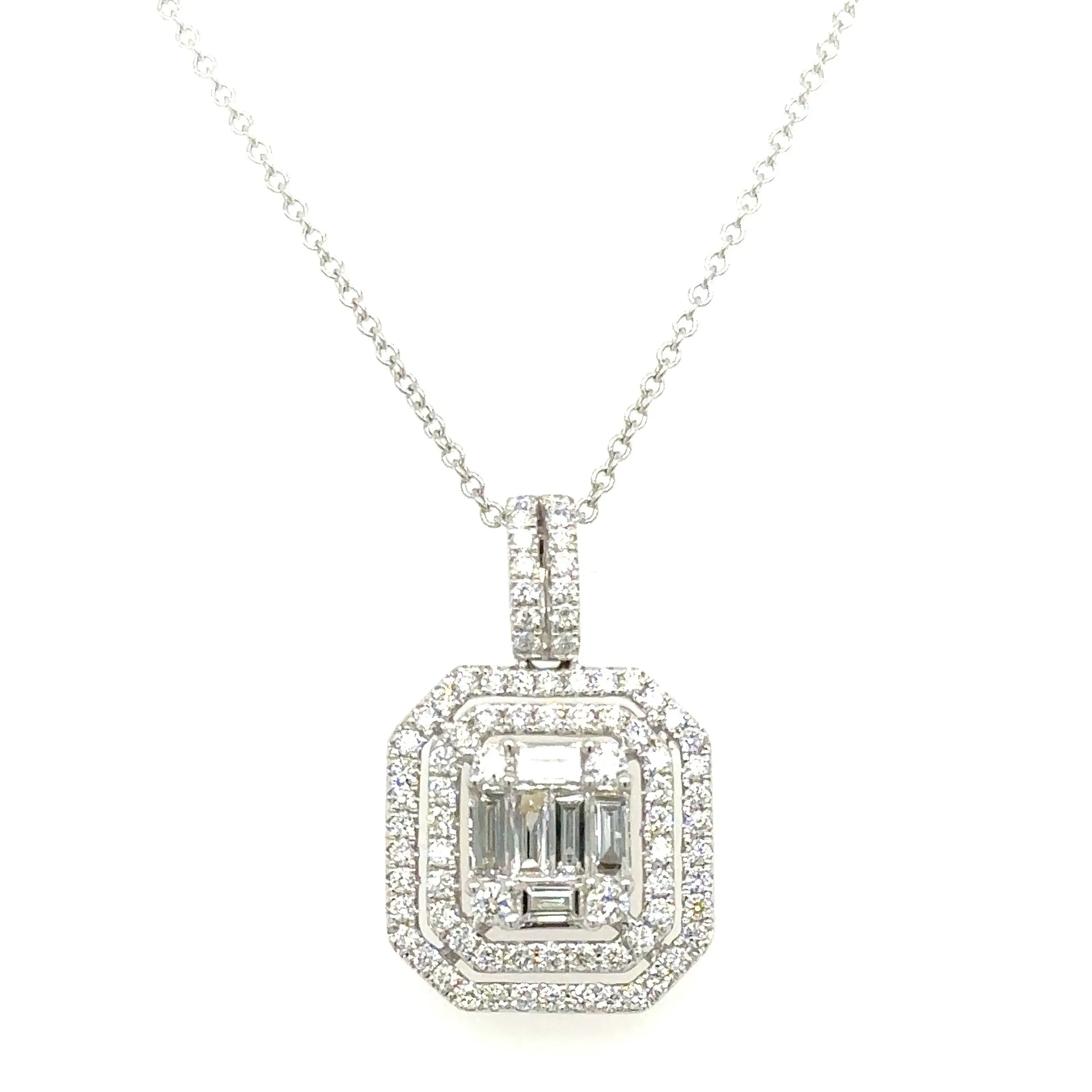 0.83ct tw Emerald Cut Double Halo Diamond Pendant Necklace