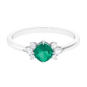 1 CT Cushion shape Emerald Solitaire Ring with Diamond Trio