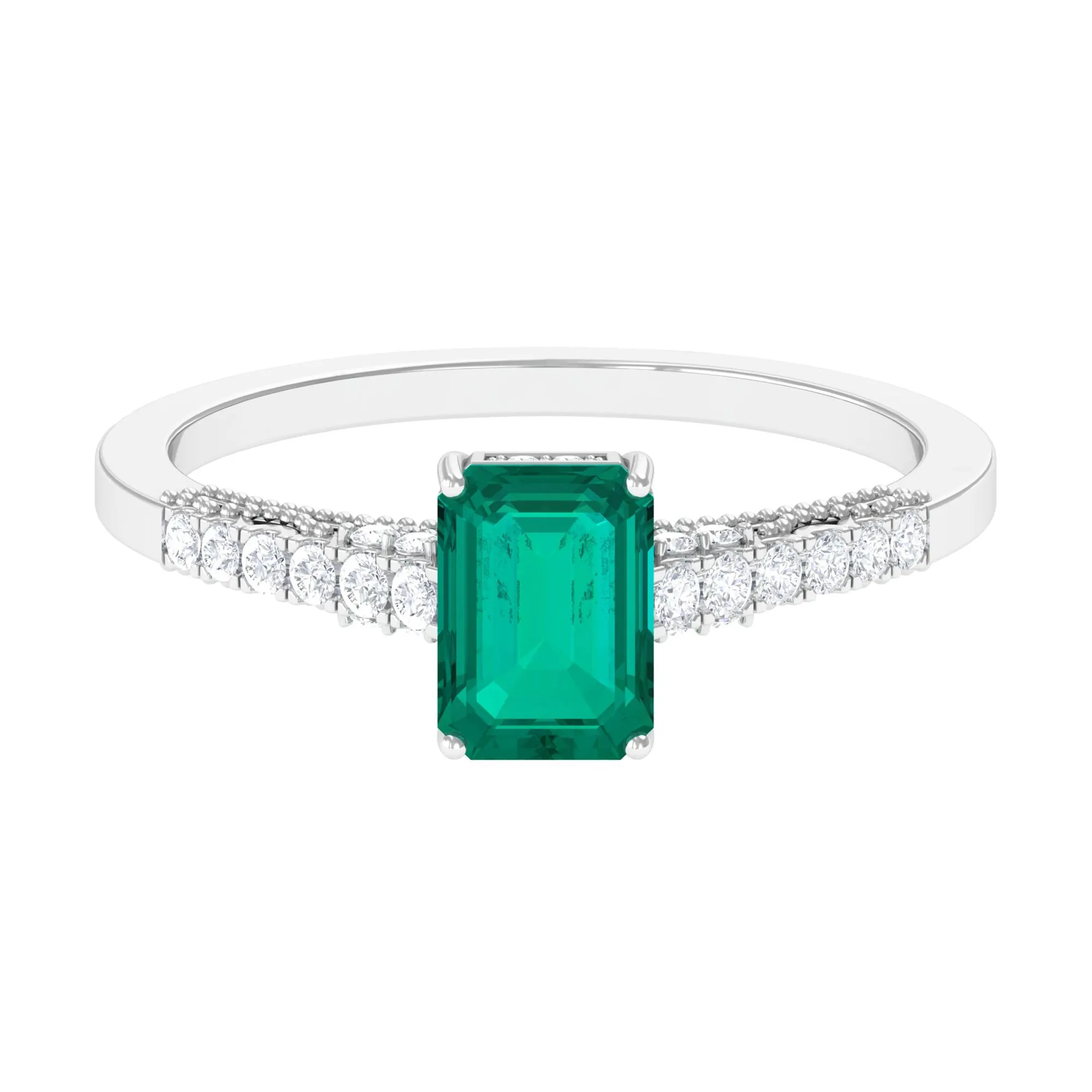 1 CT Octagon shape Emerald Classic Engagement Ring with Diamond Side Stones