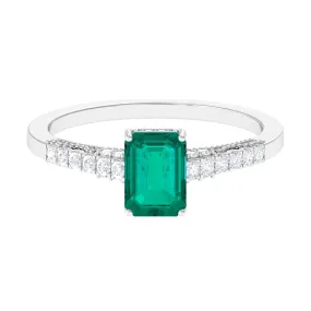 1 CT Octagon shape Emerald Classic Engagement Ring with Diamond Side Stones