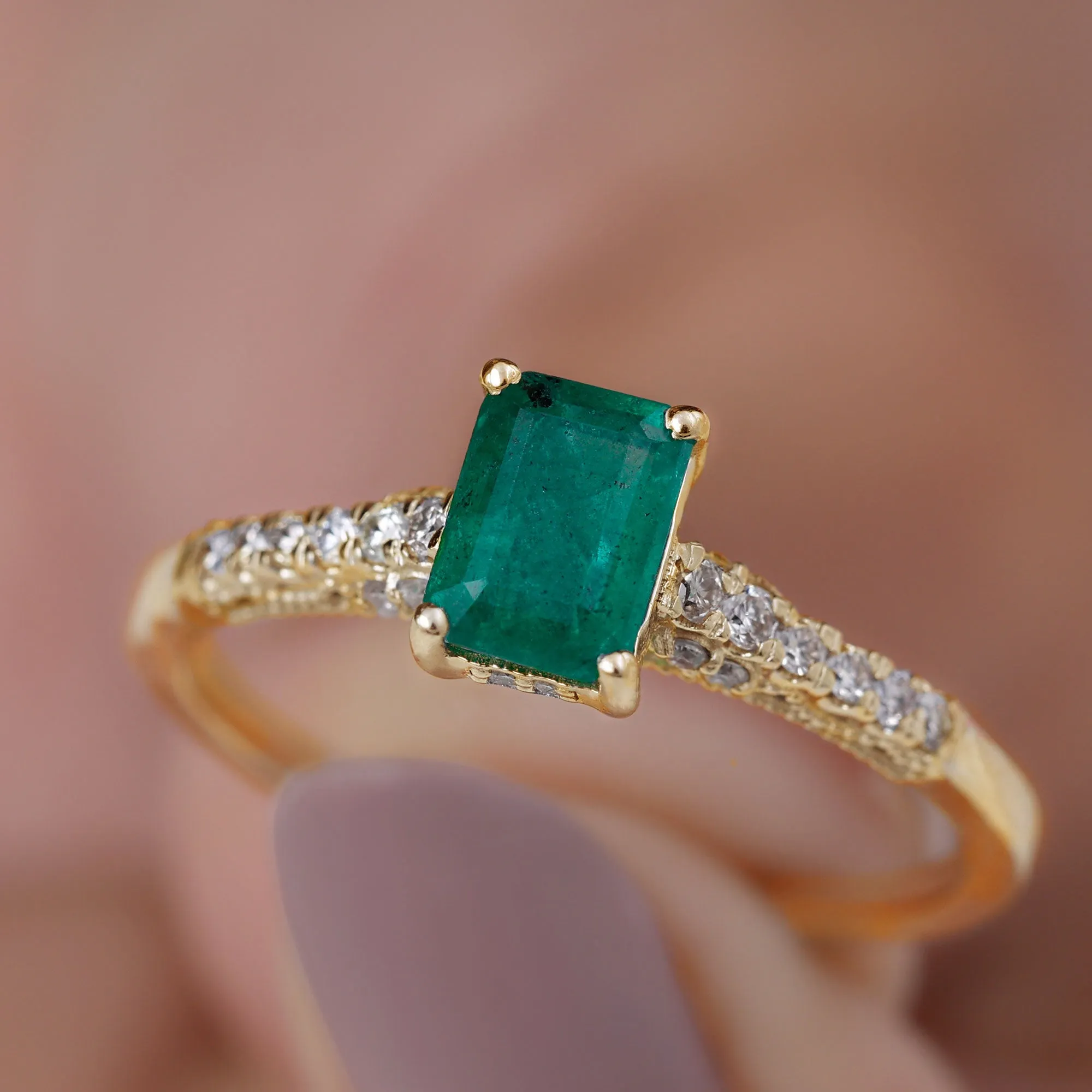 1 CT Octagon shape Emerald Classic Engagement Ring with Diamond Side Stones