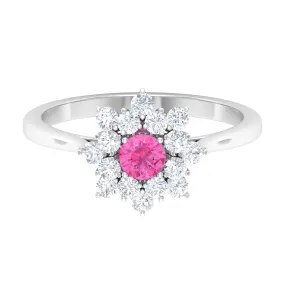 1 CT Pink Sapphire and Diamond Cluster Engagement Ring in Prong Setting