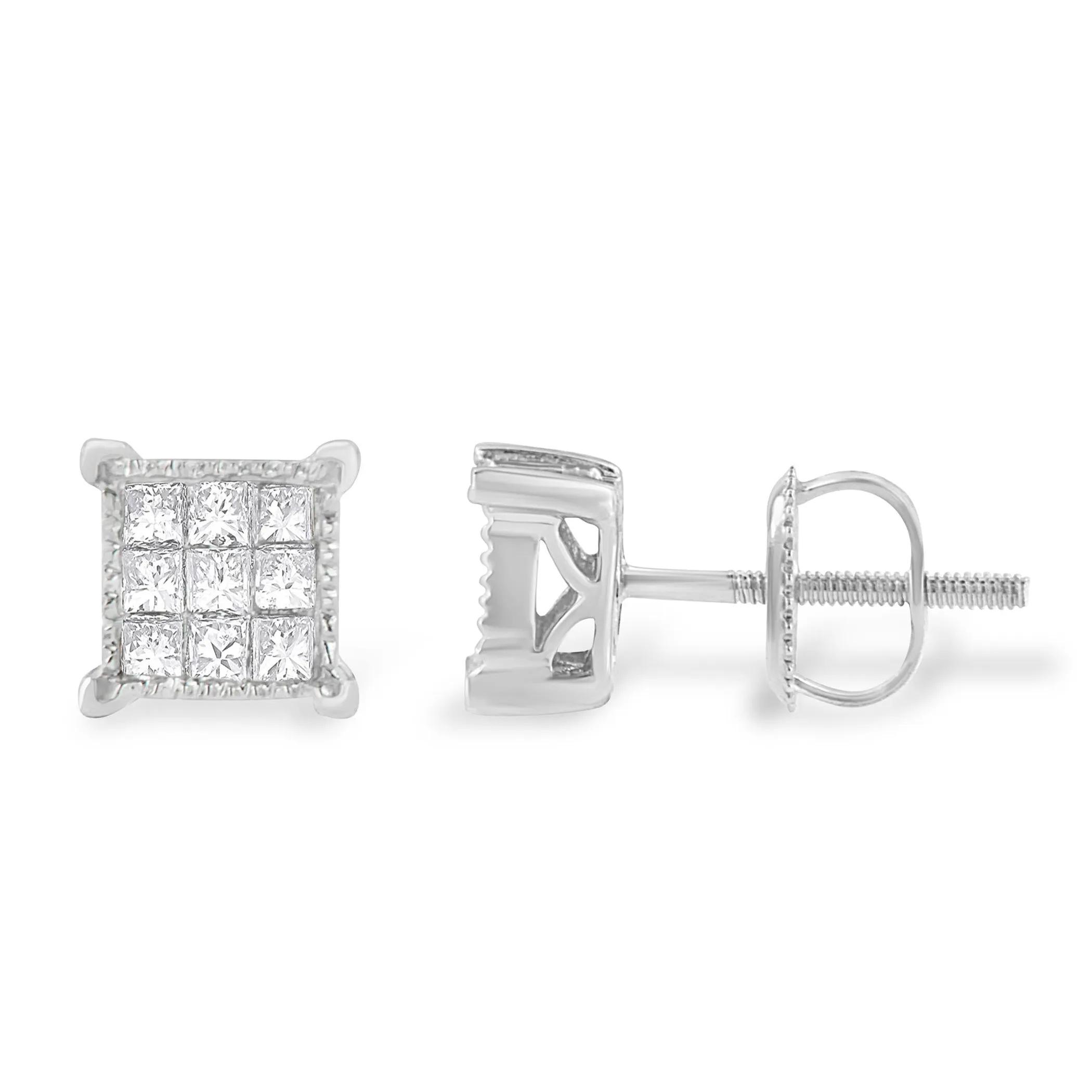 10K White Gold 1/3 Cttw Invisible Set Princess-Cut Diamond 18 Stone Composite Stud Earrings with Screwbacks (I-J Color, SI2-I1 Clarity)