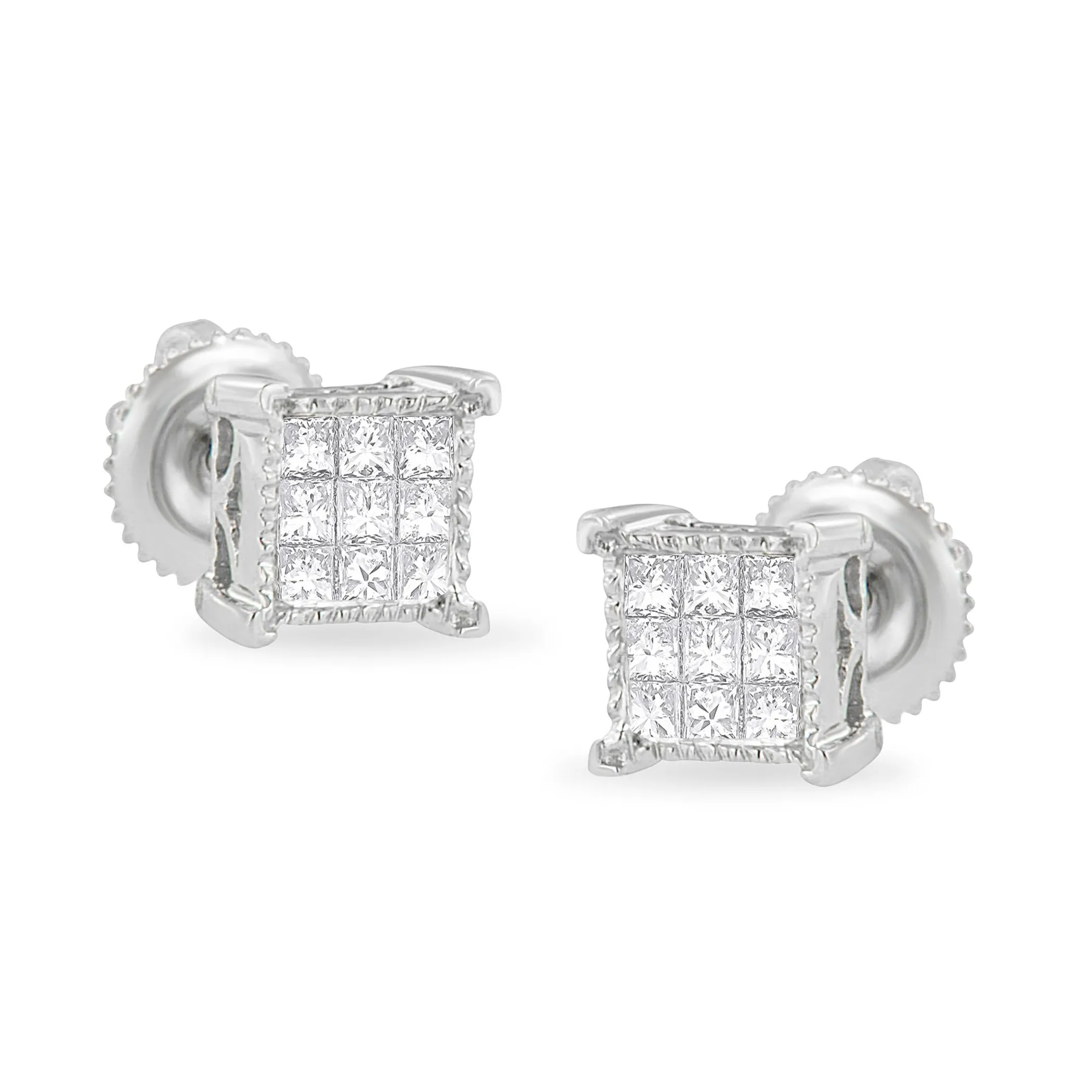 10K White Gold 1/3 Cttw Invisible Set Princess-Cut Diamond 18 Stone Composite Stud Earrings with Screwbacks (I-J Color, SI2-I1 Clarity)