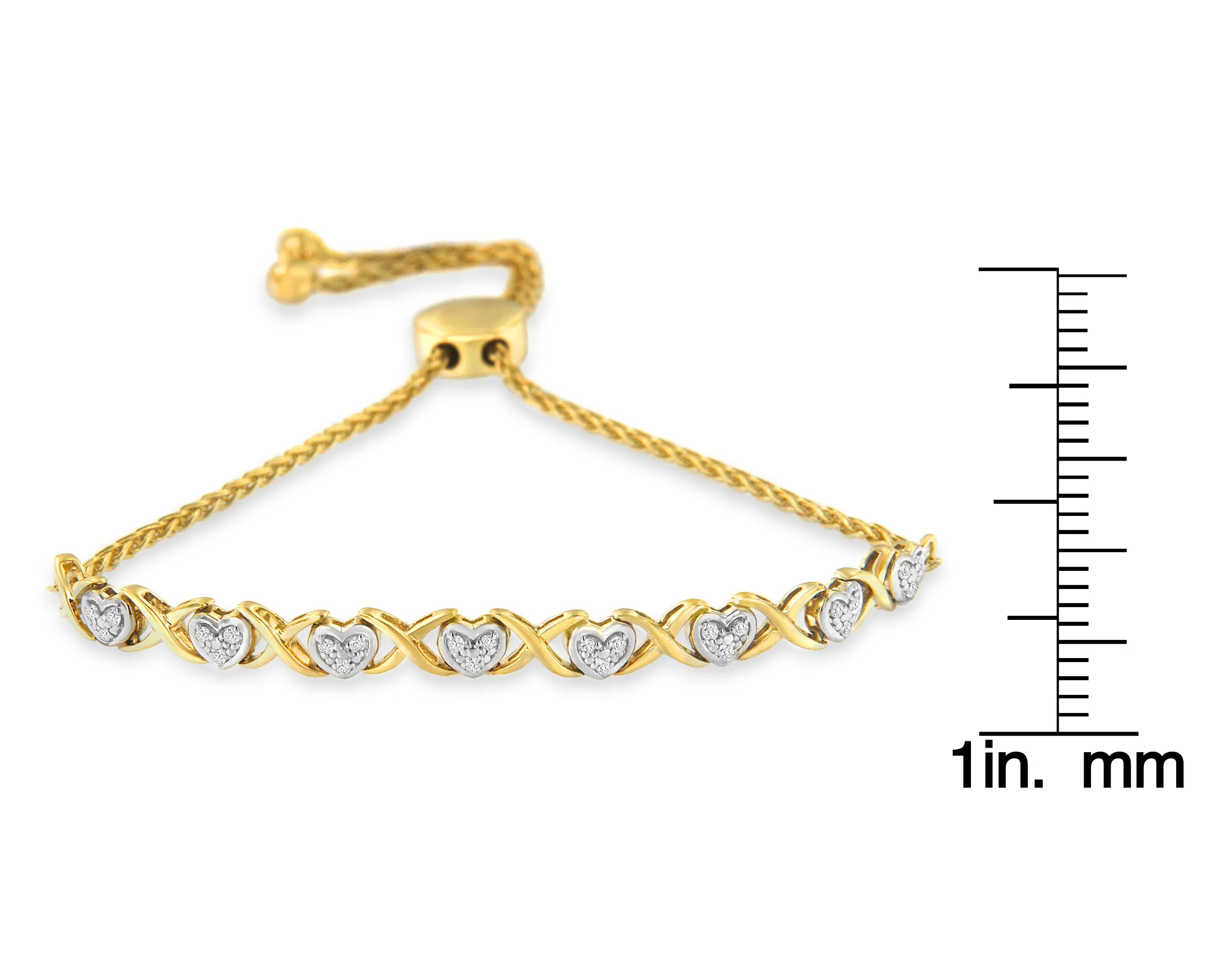 10K Yellow Gold over .925 Sterling Silver 1/10 Cttw Diamond Heart and X-Link 6”-9” Adjustable Bolo Bracelet