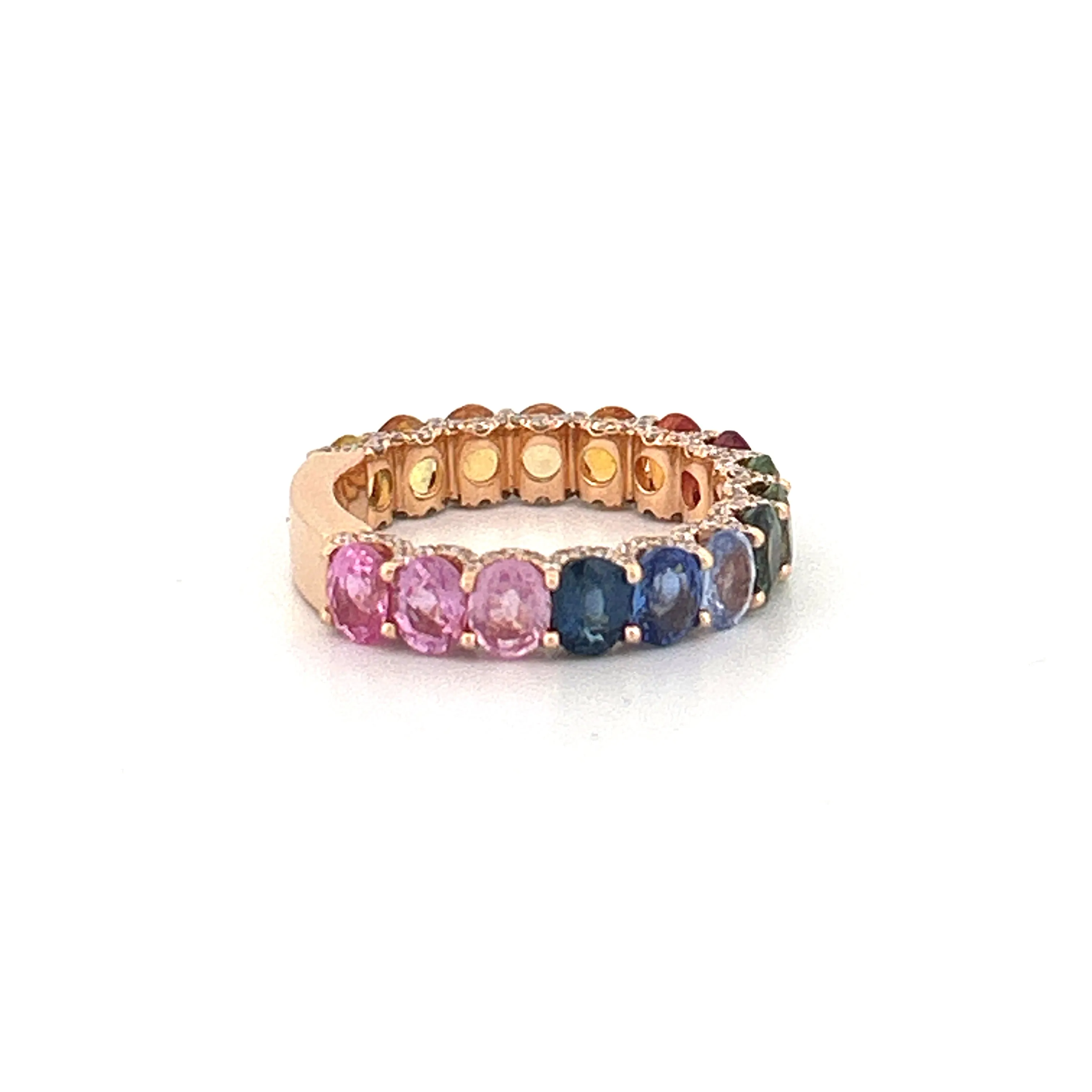 14K Gold Rainbow Oval Sapphire Diamond U-Prong Band