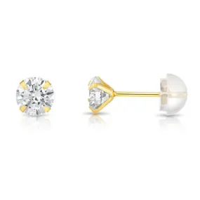 14K Yellow Gold and White Gold Zirconia Stud Earrings, Silicone Push-back, Unisex