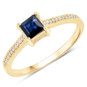 14K Yellow Gold Blue Sapphire Princess Cut Diamond Ladies Ring US:7