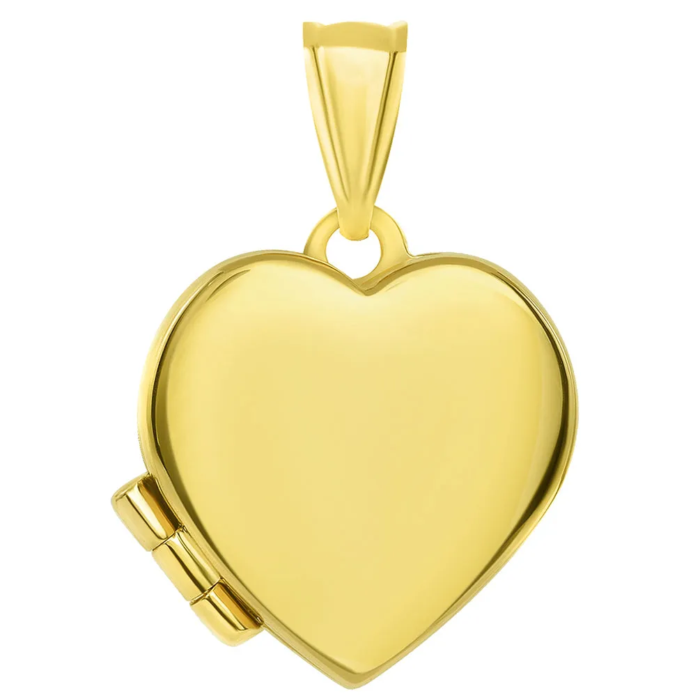 14k Yellow Gold Plain and Simple Heart Love Locket Pendant with Figaro Chain Necklace