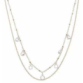 16" Double Layer Silver Square and Circle Rhinestone Necklace, 3" Ext