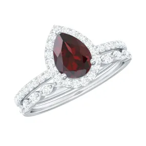 1.75 CT Teardrop Rhodolite Bridal Ring Set with Diamond