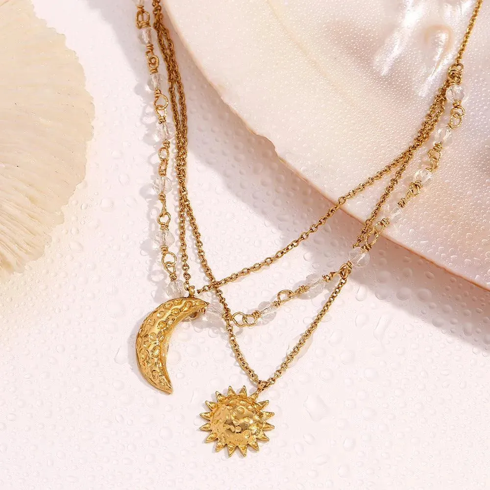 18K Gold Sun and Moon Layered Pendant Necklace – Celestial Jewellery for Women