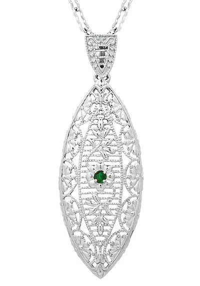 1920's Vintage Style Filigree Emerald Leaf Pendant Necklace in Sterling Silver