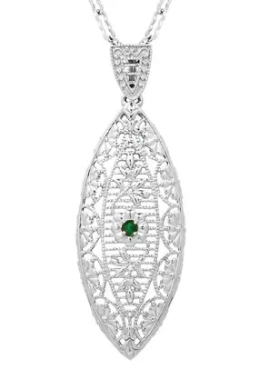 1920's Vintage Style Filigree Emerald Leaf Pendant Necklace in Sterling Silver