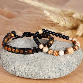 2 Men's Multi-Gemstone Beaded Stretch Leather Cord Bracelets - Alluring Flair | NOVICA