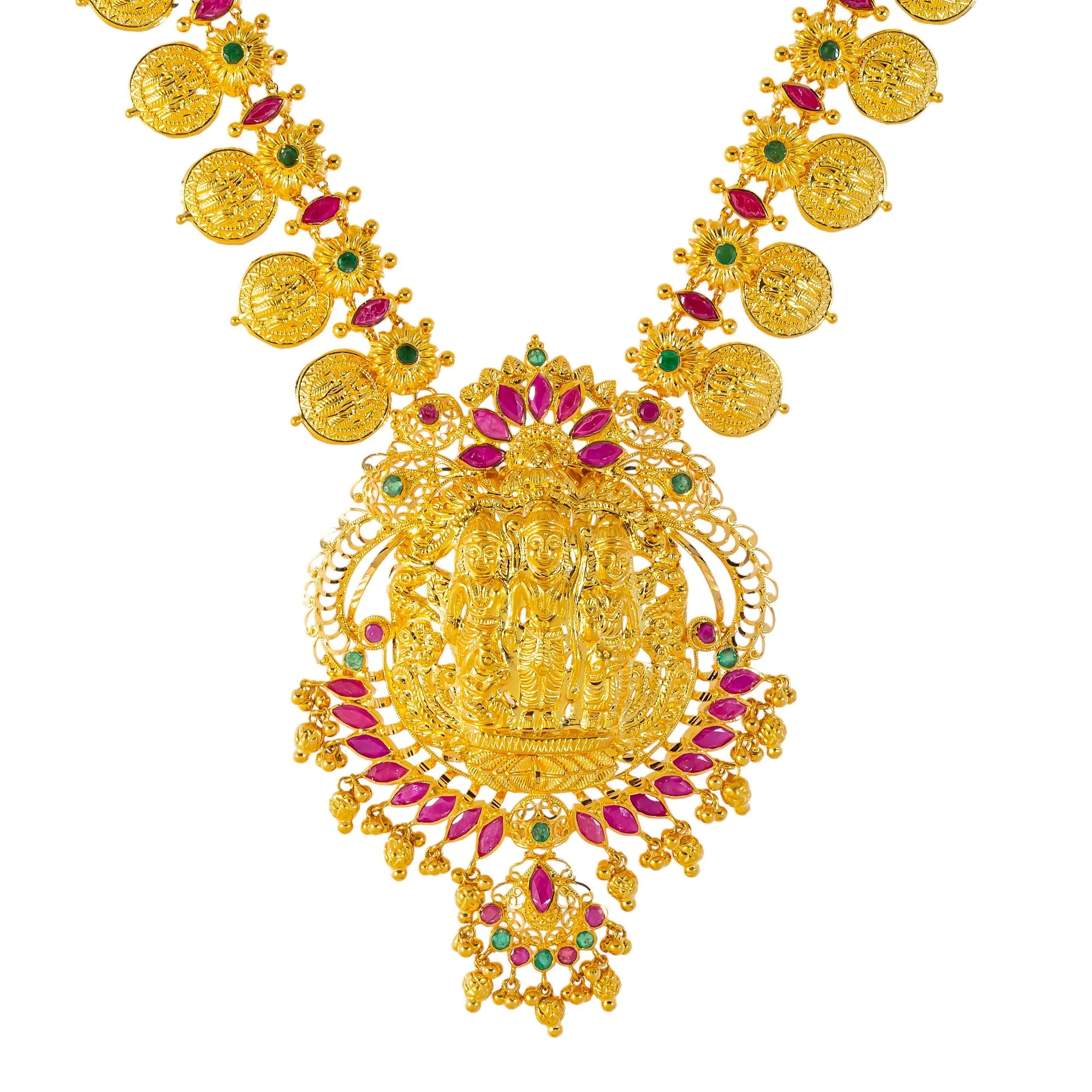 22k Yellow Gold, Emerald & Ruby Temple Necklace Set  (94.6gm)