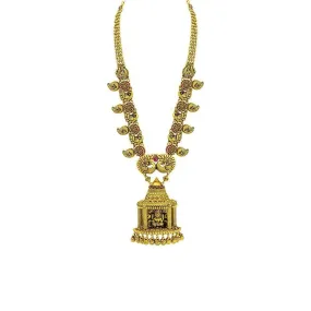 22K Yellow Gold Necklace W/ Ruby, Emerald & Large Laxmi Temple Pendant on Flower Carved Chain