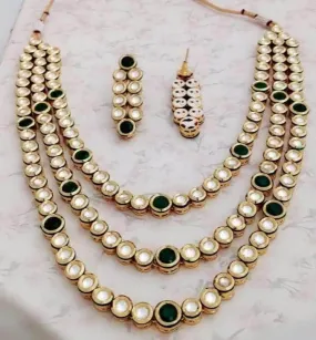 3 Line Kundan Emerald Necklace