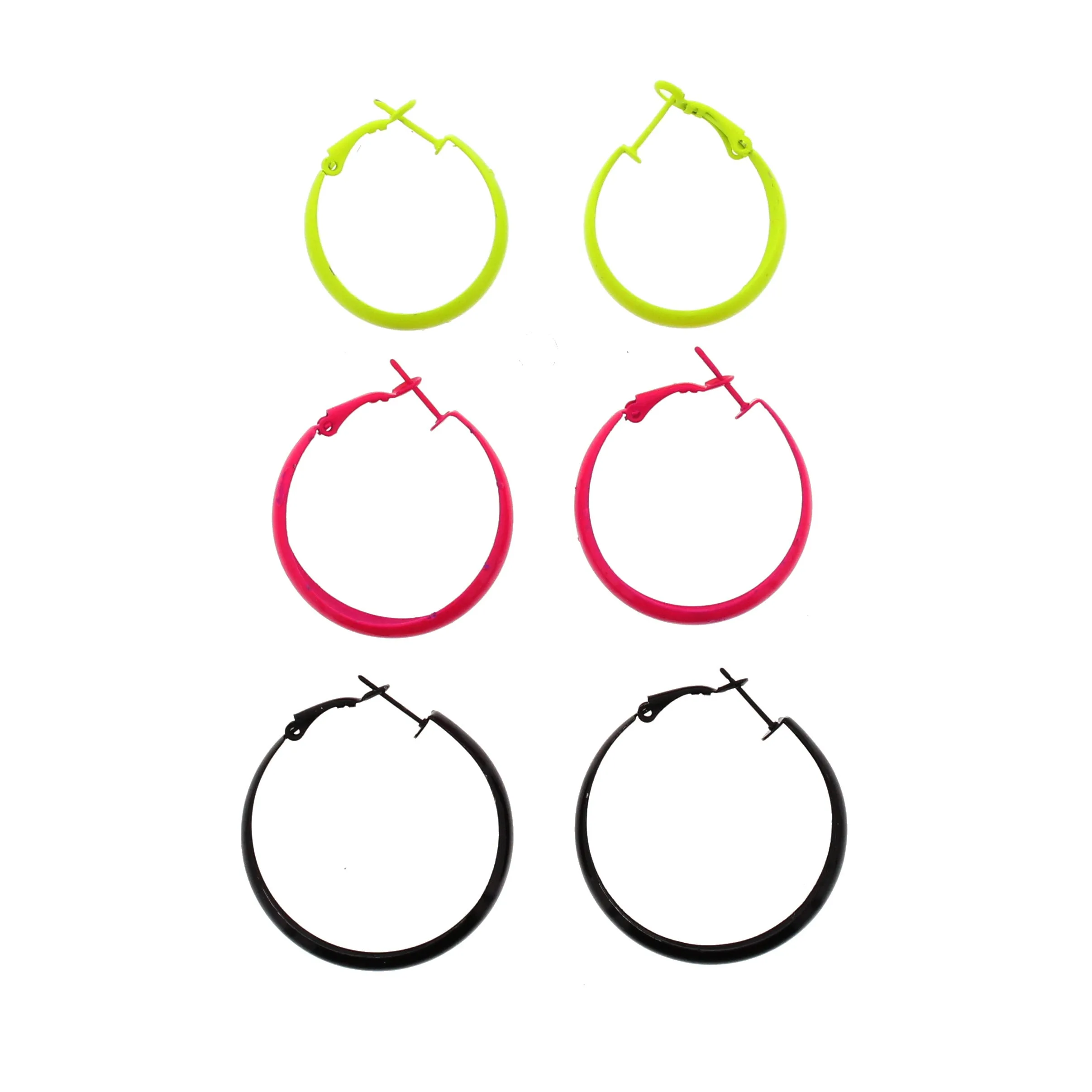 3 on a Card Neon Yellow, Neon Pink &amp; Black Mini Hoop Earrings