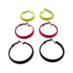 3 on a Card Neon Yellow, Neon Pink &amp; Black Mini Hoop Earrings