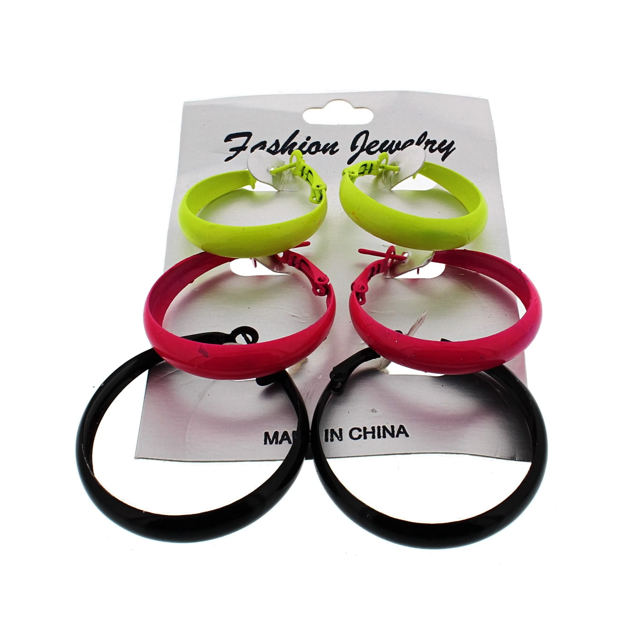 3 on a Card Neon Yellow, Neon Pink &amp; Black Mini Hoop Earrings