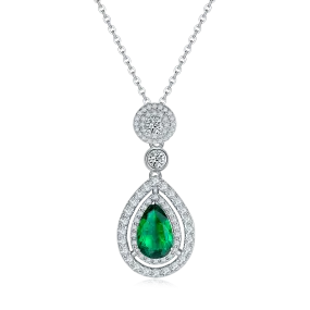 3.5 Carat Pear Shaped Lab-Created Emerald Double Halo Necklace in S925 Sterling Silver with Platinum Plating