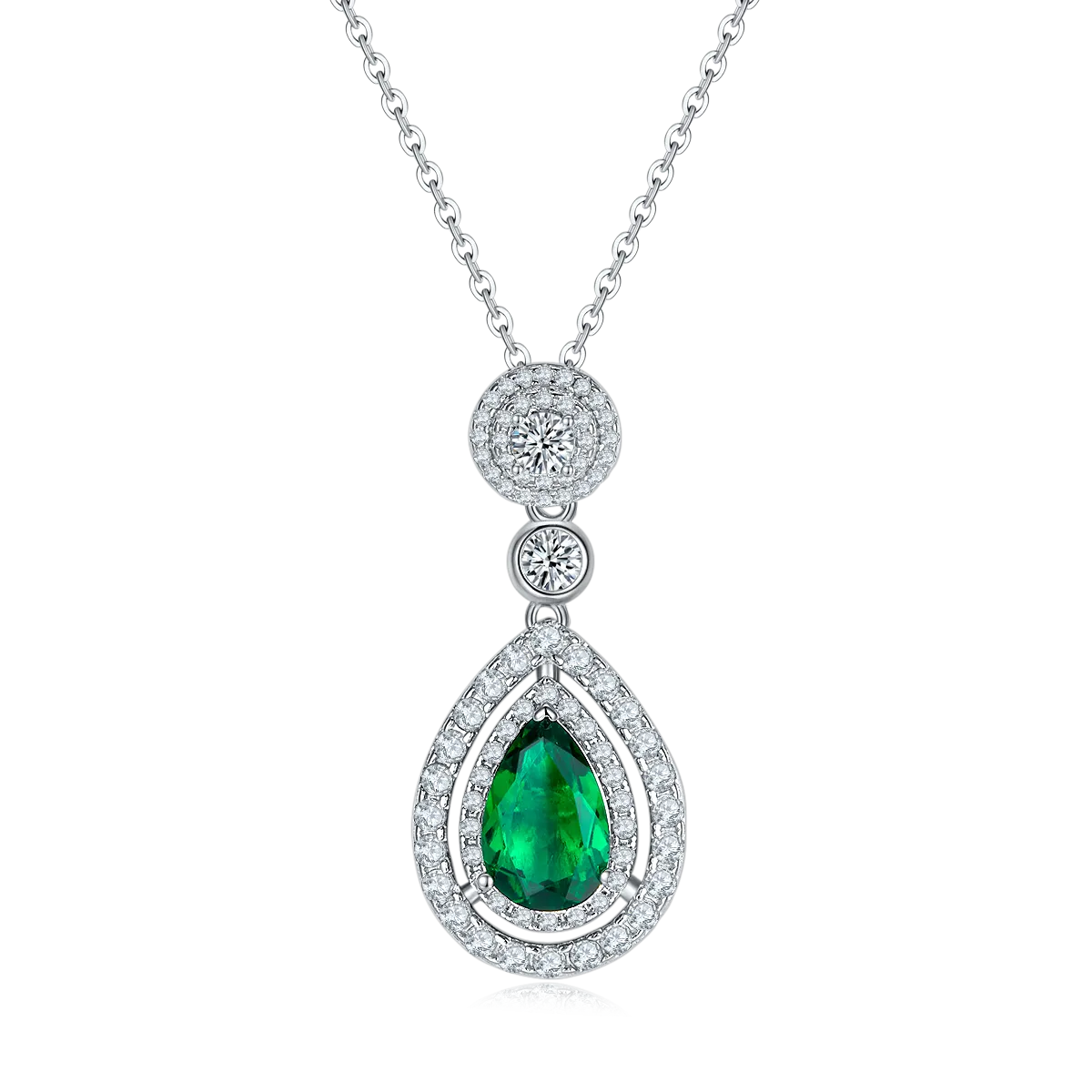 3.5 Carat Pear Shaped Lab-Created Emerald Double Halo Necklace in S925 Sterling Silver with Platinum Plating