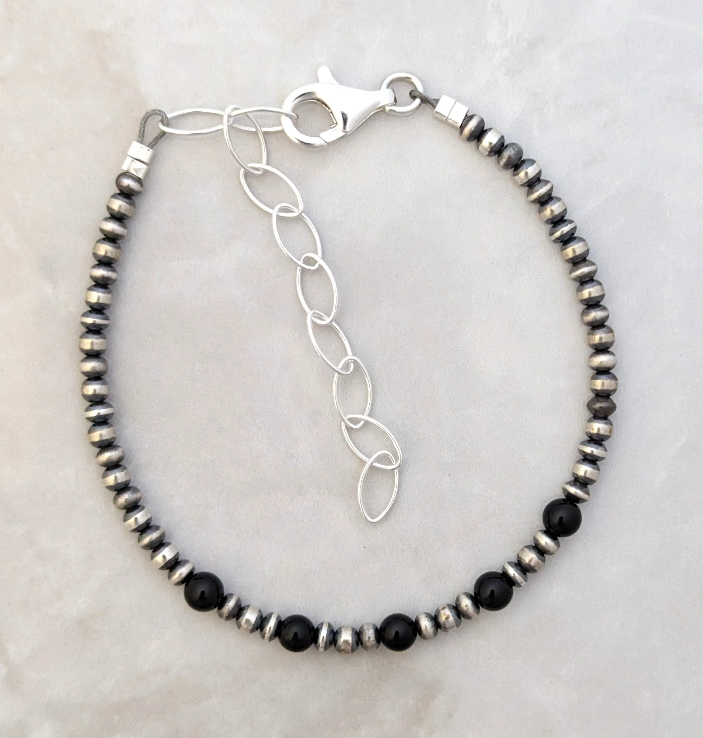 3mm Navajo Pearls & 5 Stone Onyx Bracelet Sterling Silver