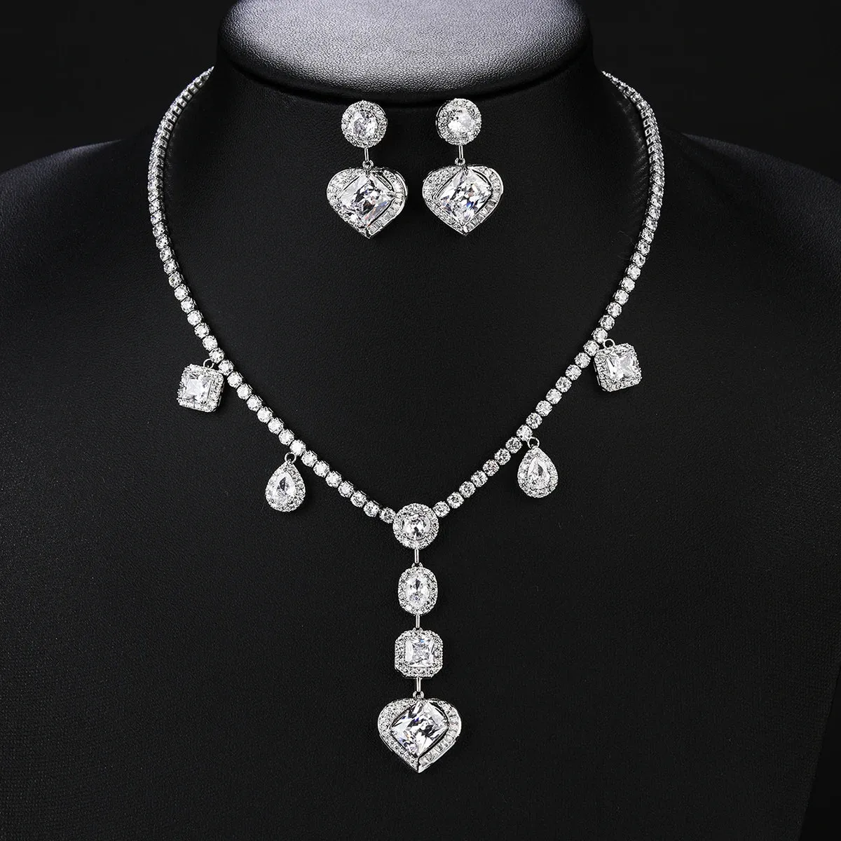 4 Color High Quality Cubic Zirconia Heart Shape Necklace Earring for Women Bridal Jewelry Sets Wedding Party Accessoires CN10810