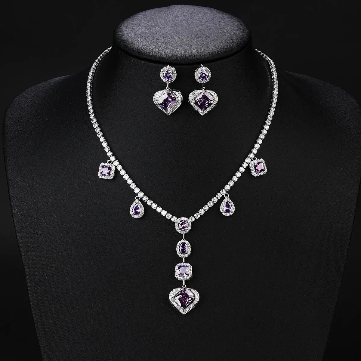 4 Color High Quality Cubic Zirconia Heart Shape Necklace Earring for Women Bridal Jewelry Sets Wedding Party Accessoires CN10810