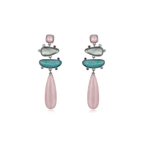 925 Silver Turquoise Rose Quartz Long Pendant Earrings