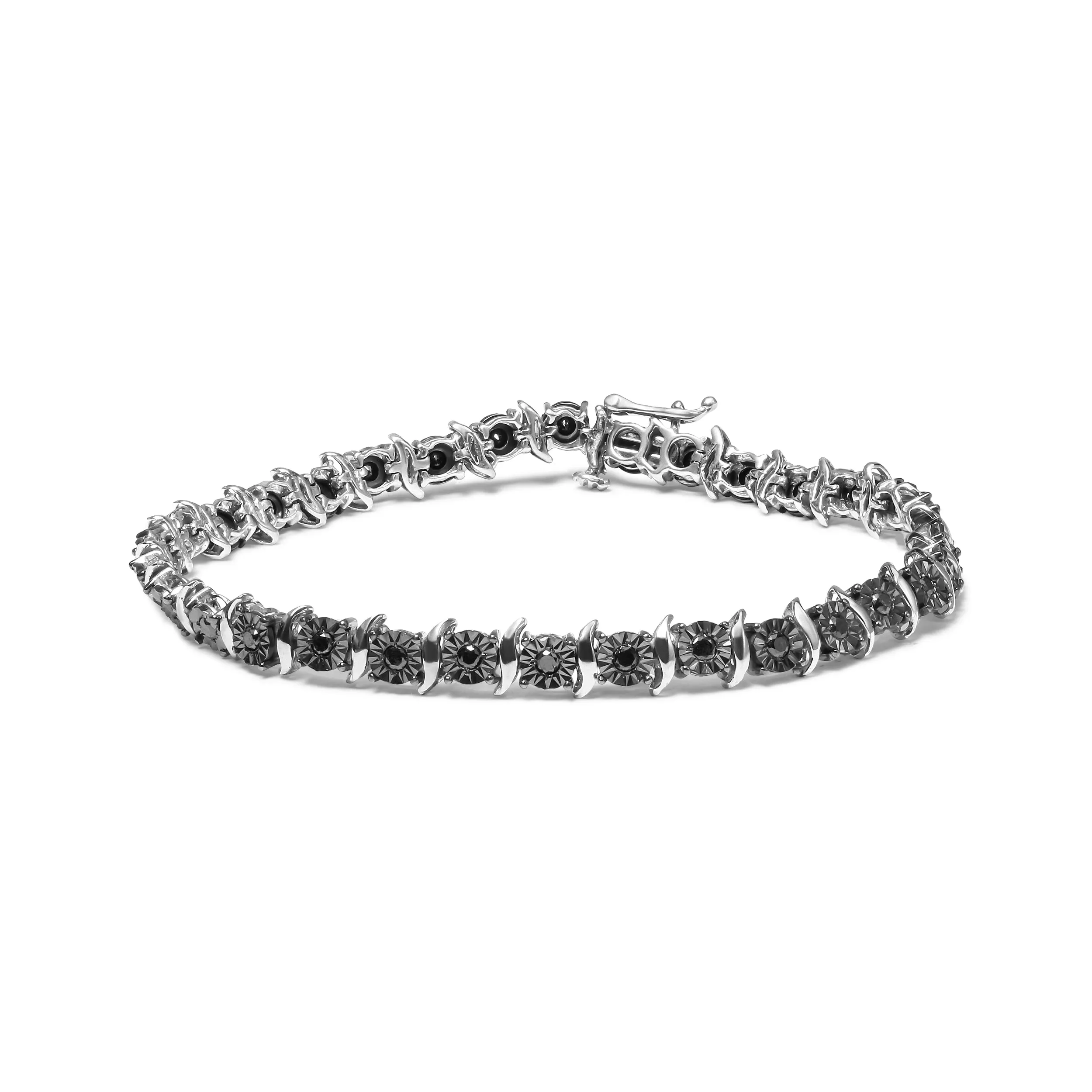 .925 Sterling Silver 1.0 Cttw Black Treated Diamond S-Curve Link Miracle-Set 7" Tennis Bracelet