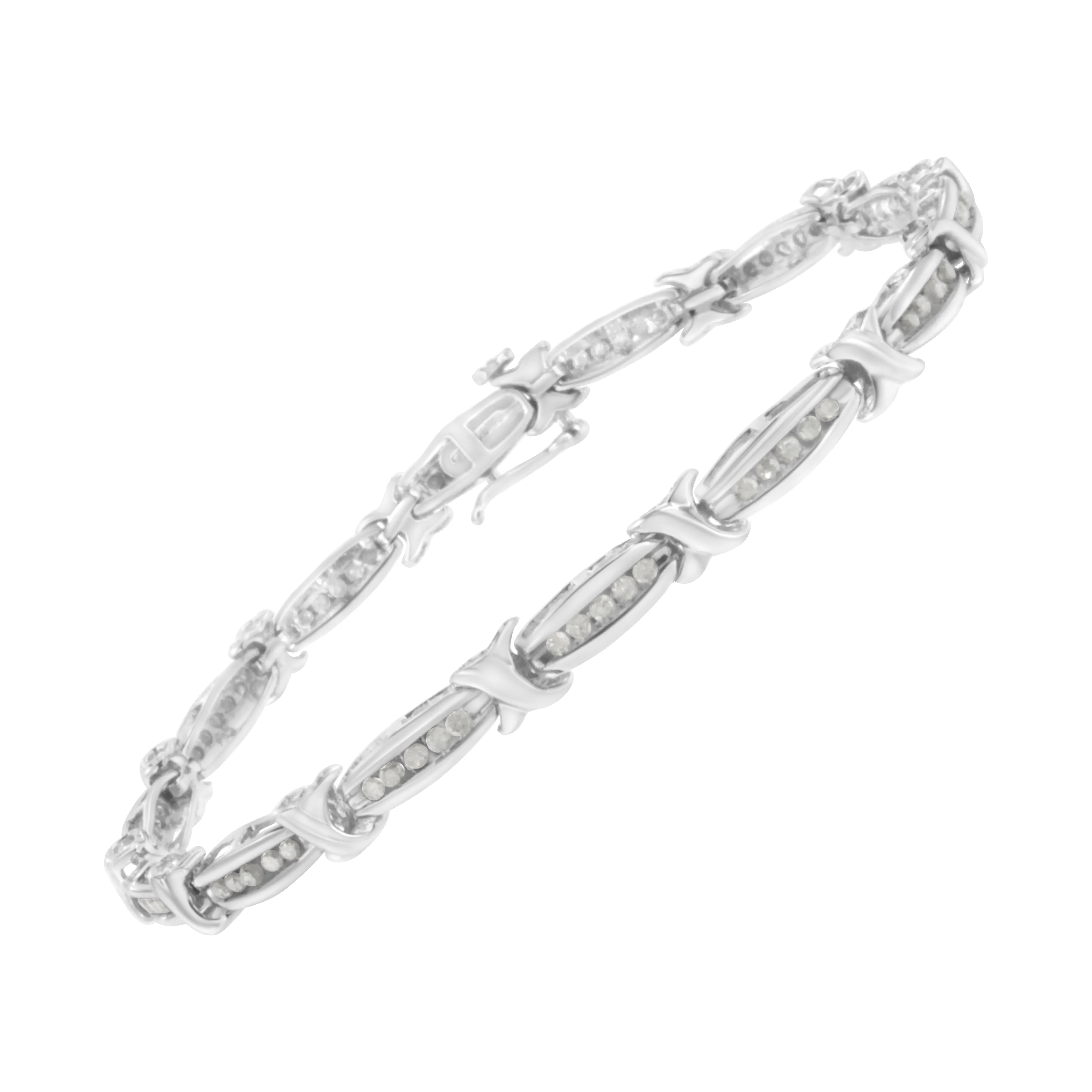 .925 Sterling Silver 1.0 Cttw Diamond Channel Set Tapered & X-Link 7" Tennis Bracelet