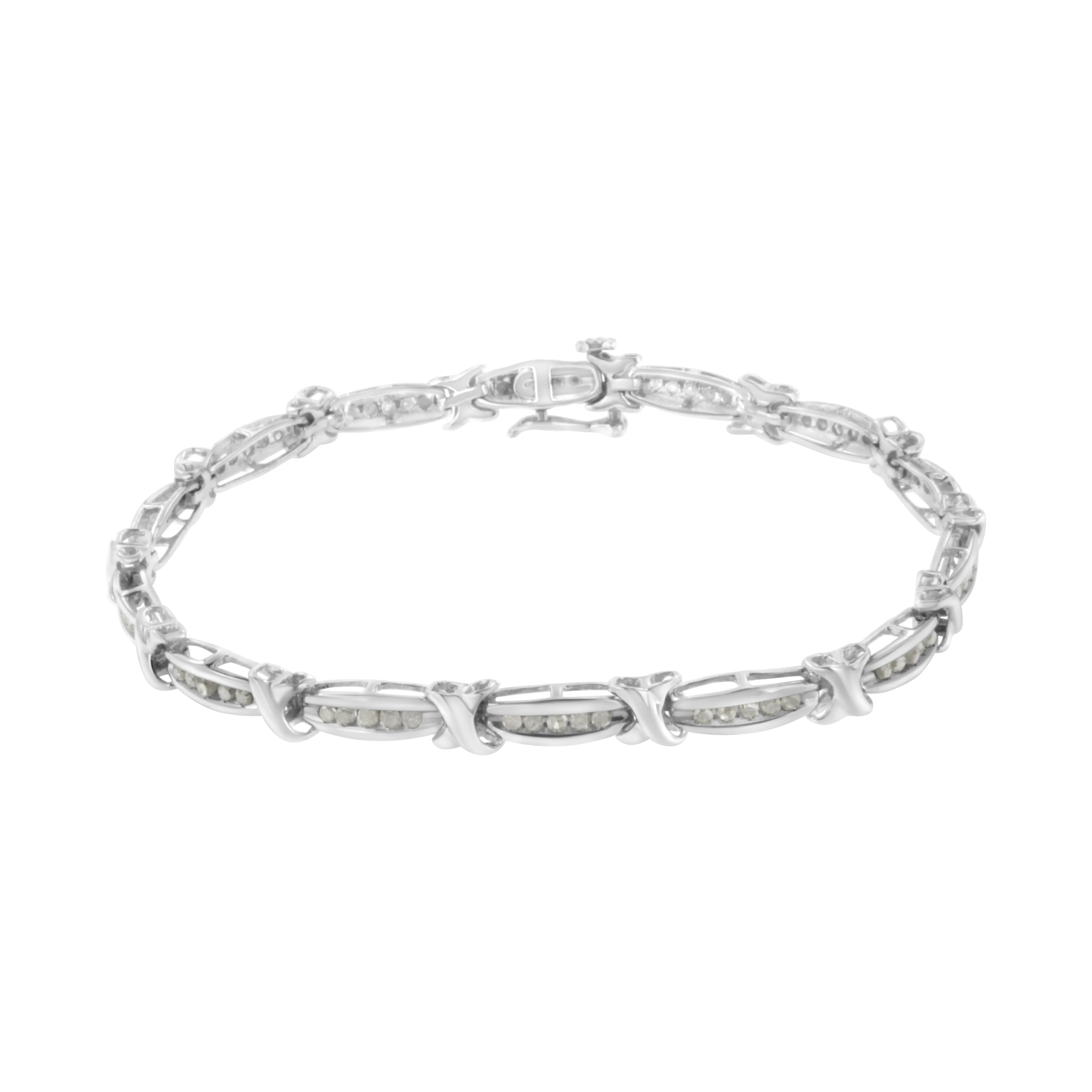 .925 Sterling Silver 1.0 Cttw Diamond Channel Set Tapered & X-Link 7" Tennis Bracelet