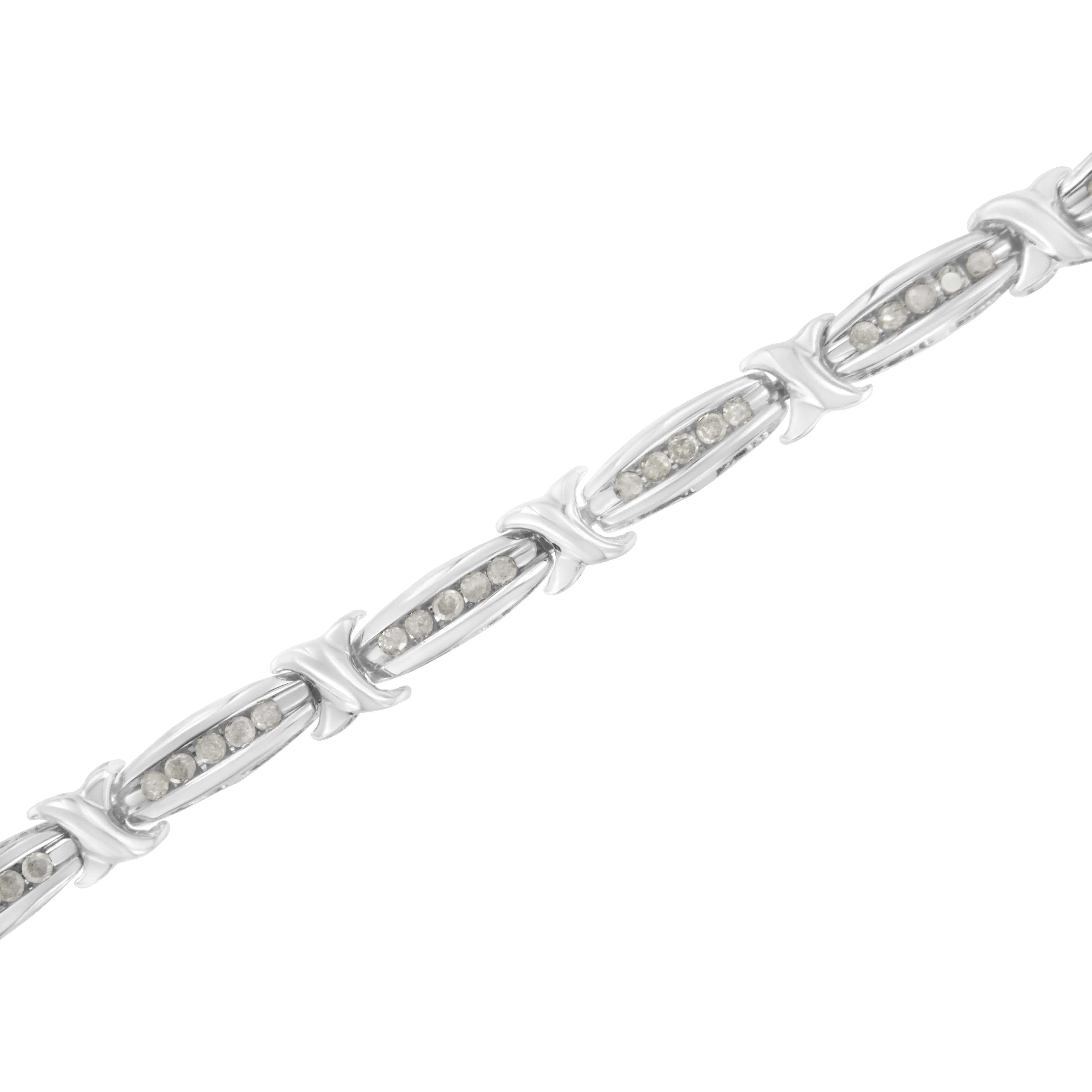 .925 Sterling Silver 1.0 Cttw Diamond Channel Set Tapered & X-Link 7" Tennis Bracelet