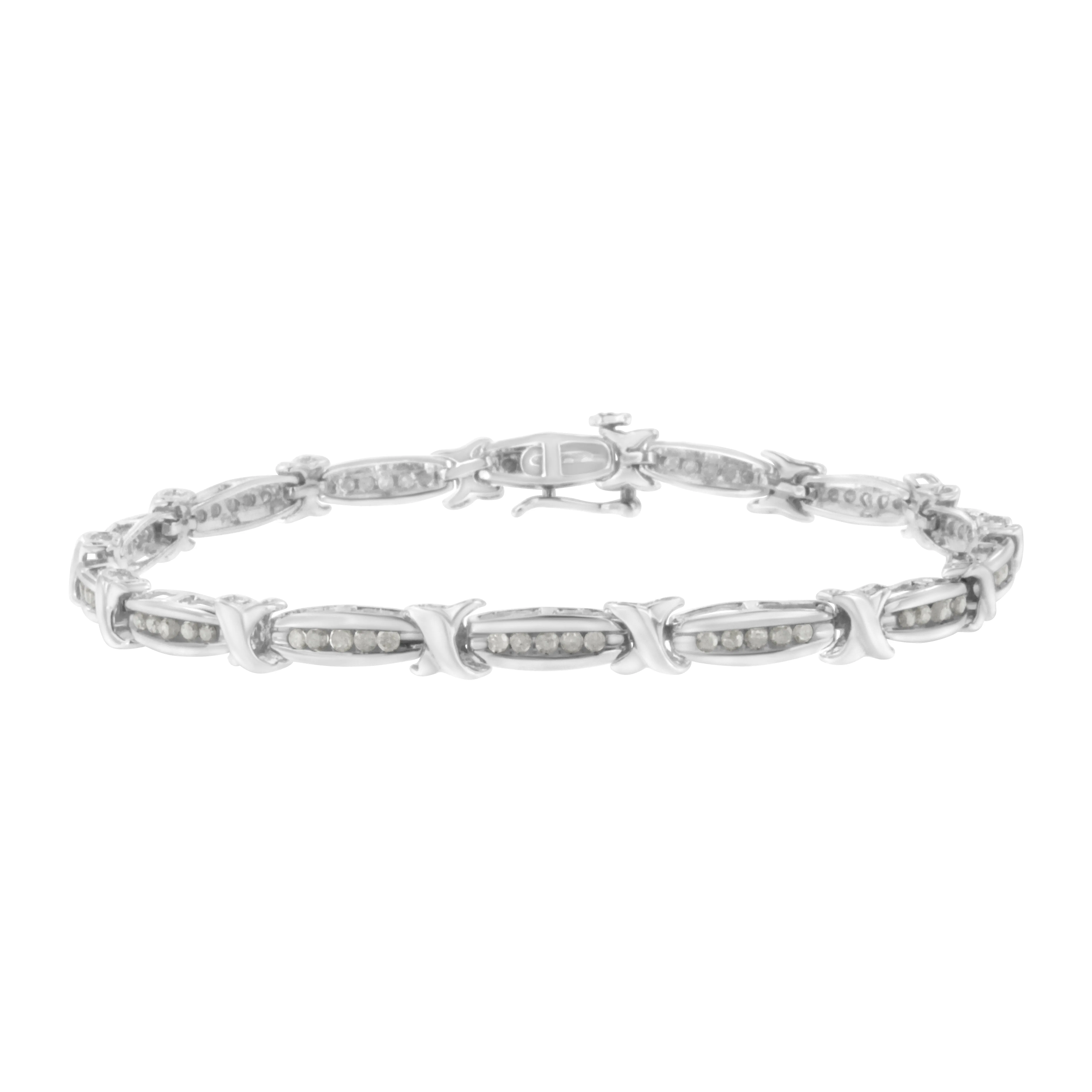 .925 Sterling Silver 1.0 Cttw Diamond Channel Set Tapered & X-Link 7" Tennis Bracelet