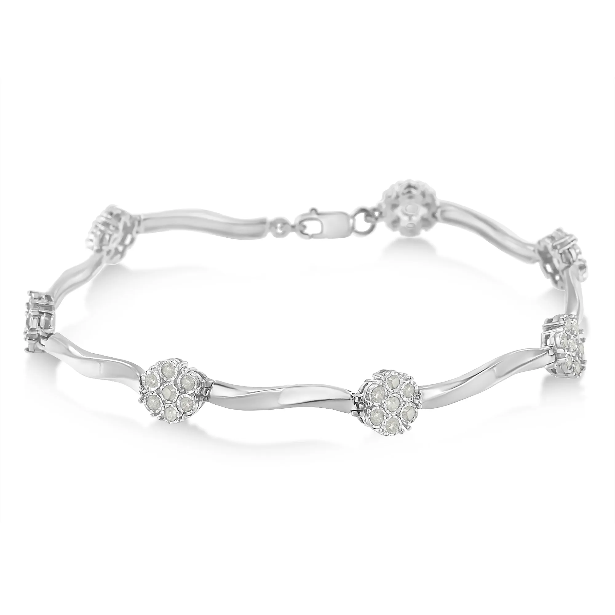 .925 Sterling Silver 1.0 Cttw Diamond Cluster Miracle-Set Station & Twisted Bar 7" Tennis Bracelet