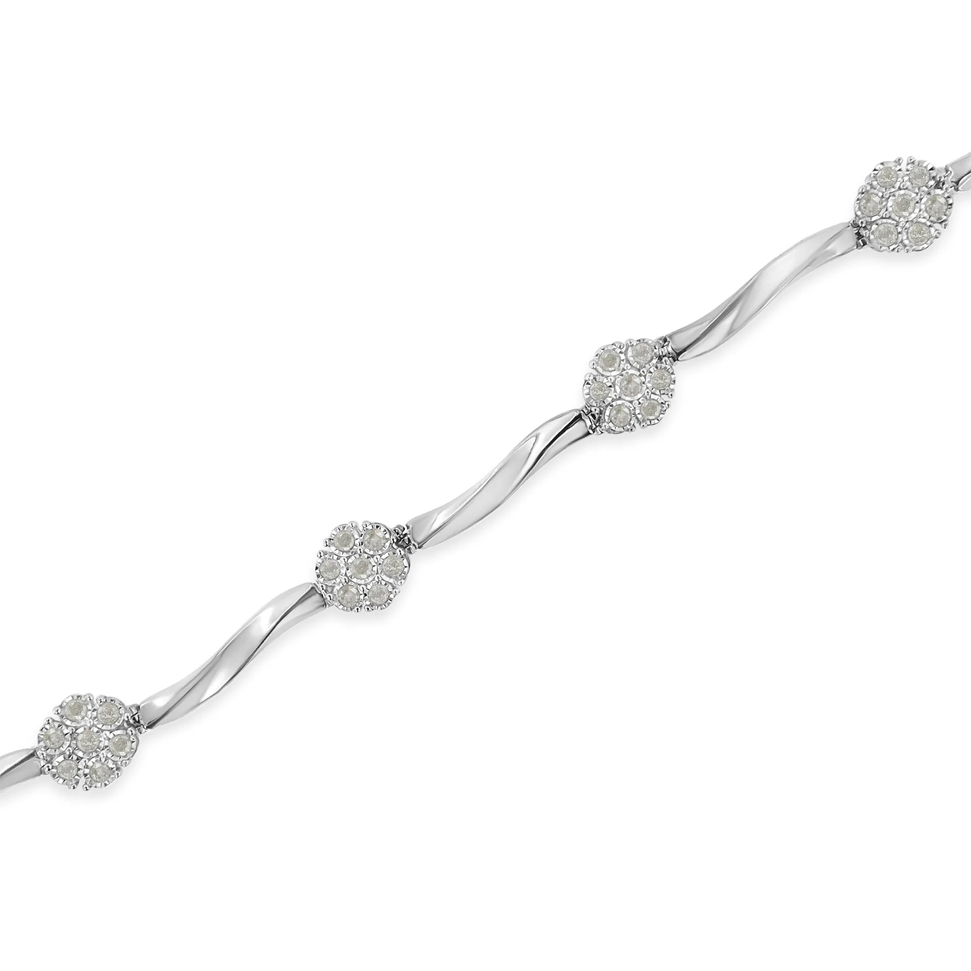 .925 Sterling Silver 1.0 Cttw Diamond Cluster Miracle-Set Station & Twisted Bar 7" Tennis Bracelet