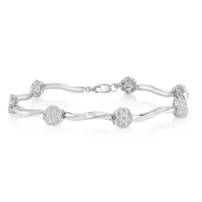 .925 Sterling Silver 1.0 Cttw Diamond Cluster Miracle-Set Station & Twisted Bar 7" Tennis Bracelet