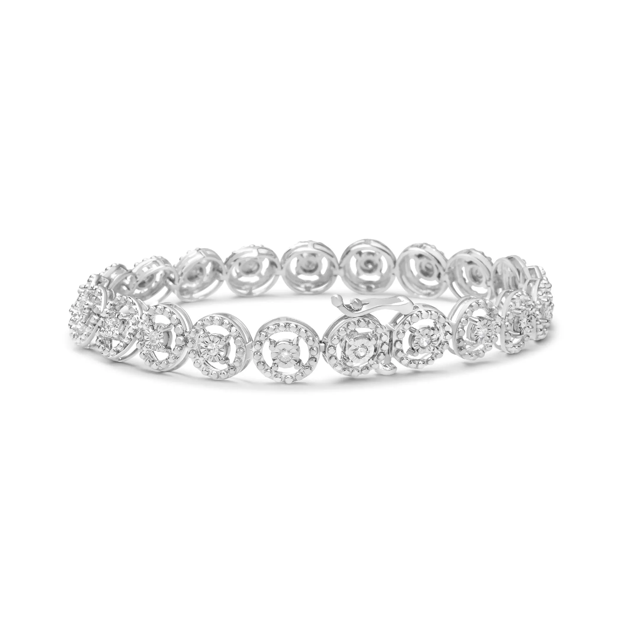 .925 Sterling Silver 1/2 Cttw Diamond Nested Circle Miracle Set Open Wheel 7.25" Fashion Link Bracelet (I-J Color, I3 Clarity)