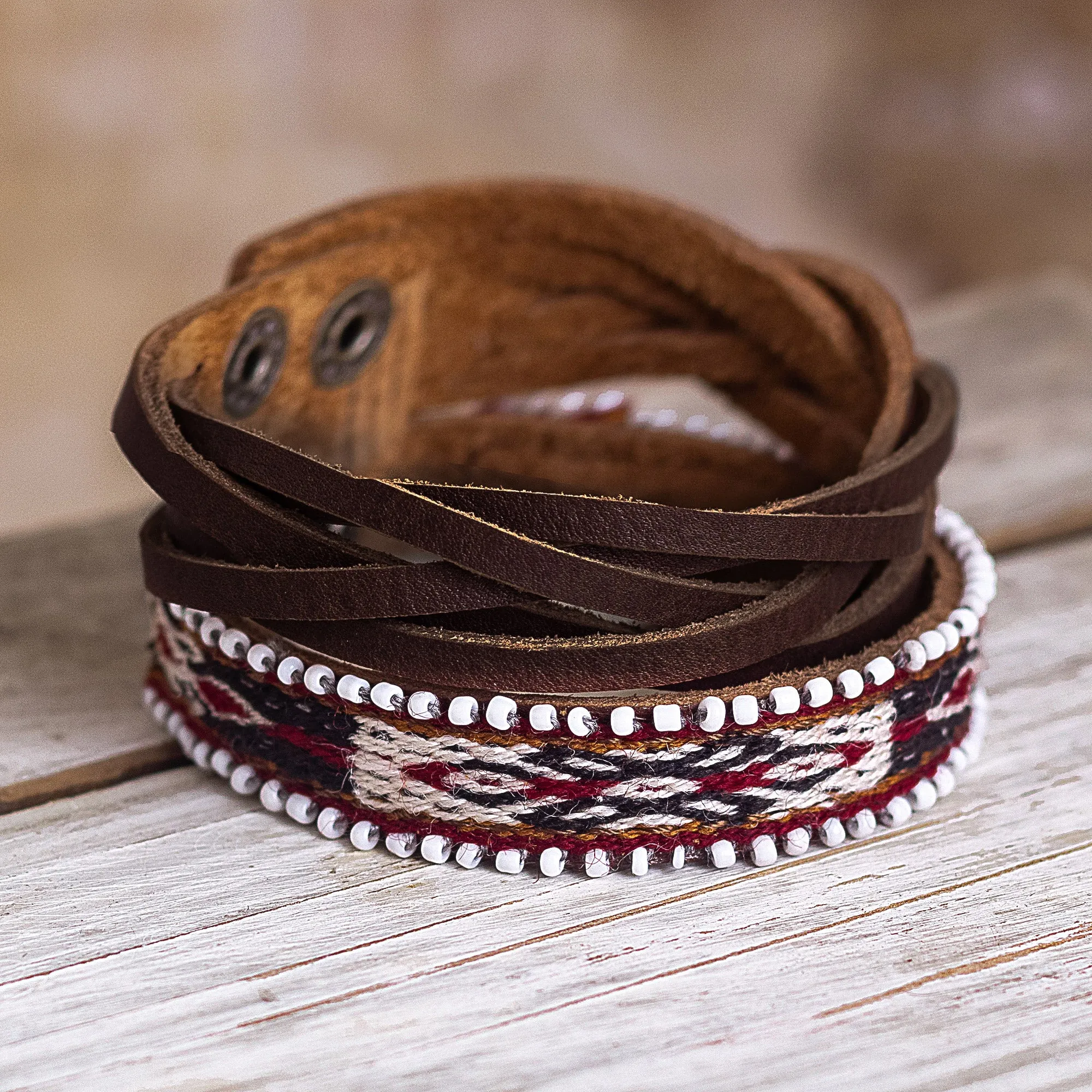 Andean Braided Leather and Wool Bracelet - Andean Roads | NOVICA