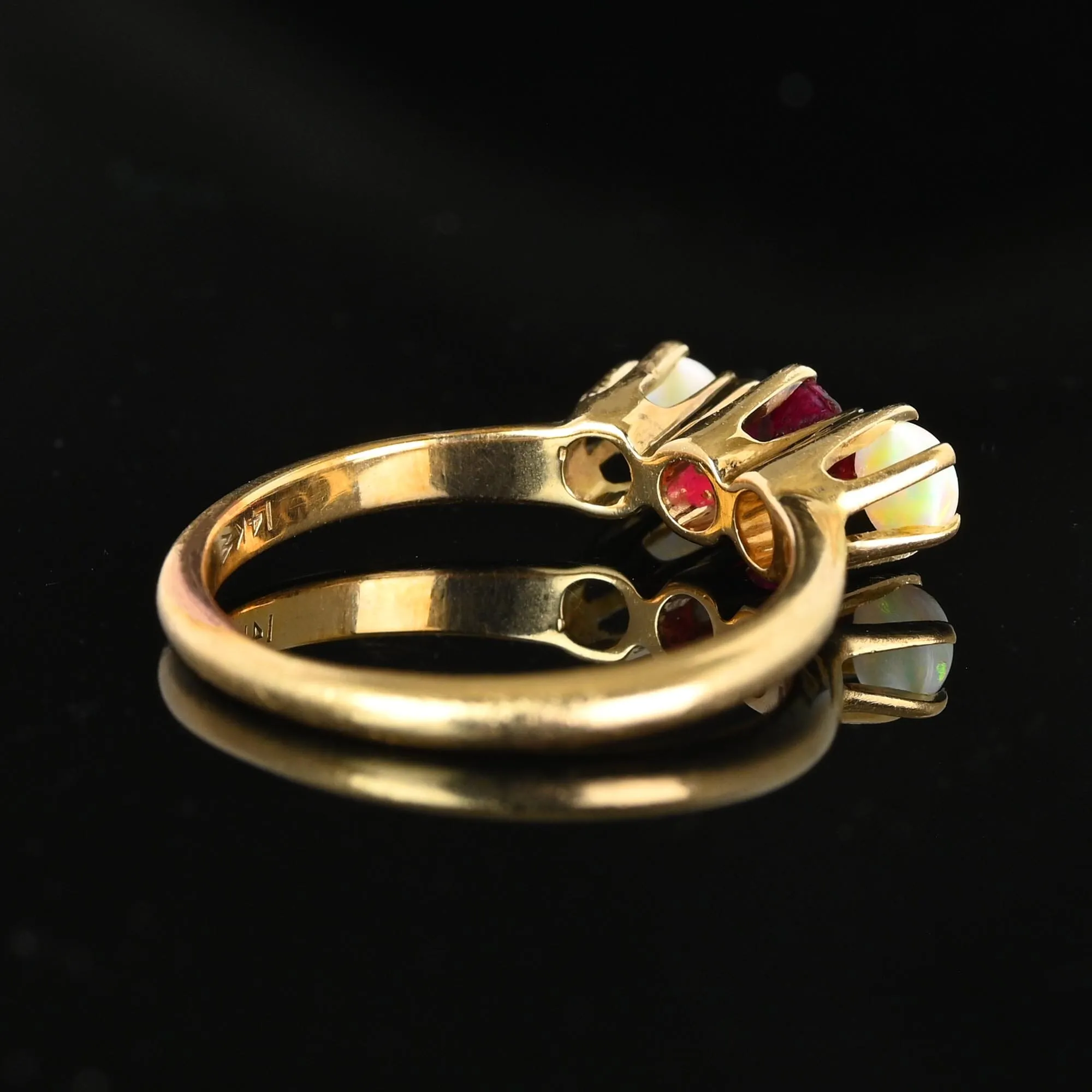 Antique JR Woods 14K Gold Three Stone Ruby Opal Ring