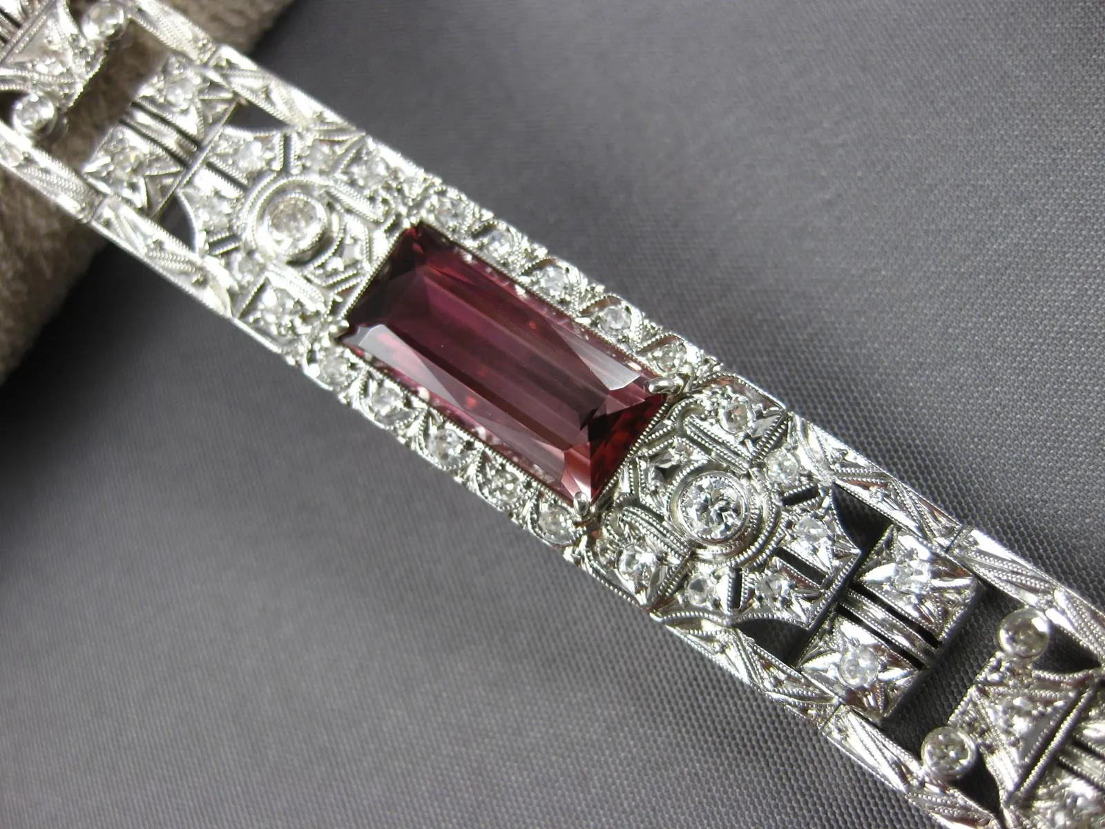 ANTIQUE LONG ART DECO OLD MINE DIAMOND & PINK TORMALINE 14KT WHITE GOLD BRACELET