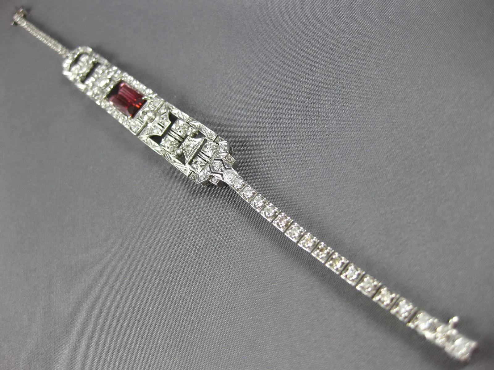 ANTIQUE LONG ART DECO OLD MINE DIAMOND & PINK TORMALINE 14KT WHITE GOLD BRACELET