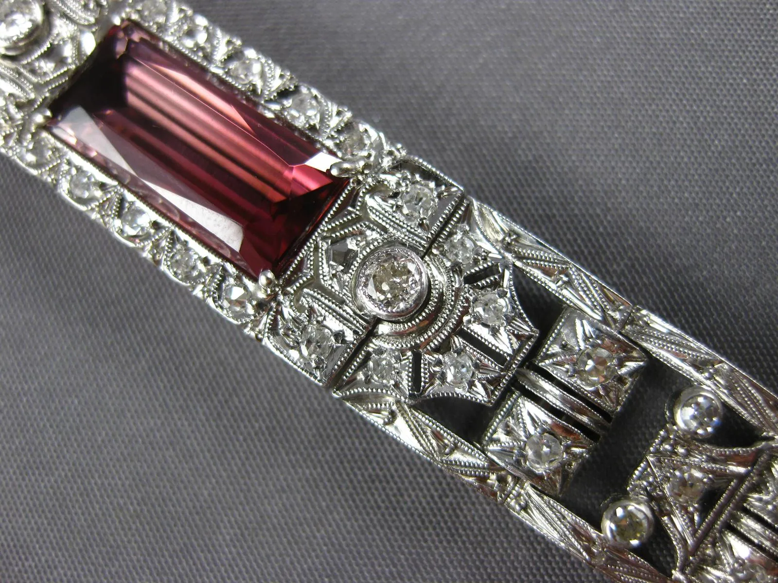 ANTIQUE LONG ART DECO OLD MINE DIAMOND & PINK TORMALINE 14KT WHITE GOLD BRACELET