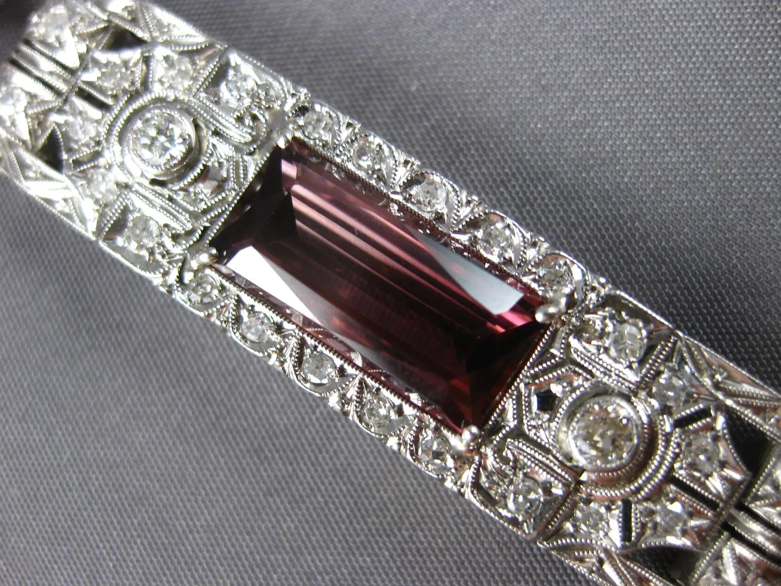 ANTIQUE LONG ART DECO OLD MINE DIAMOND & PINK TORMALINE 14KT WHITE GOLD BRACELET