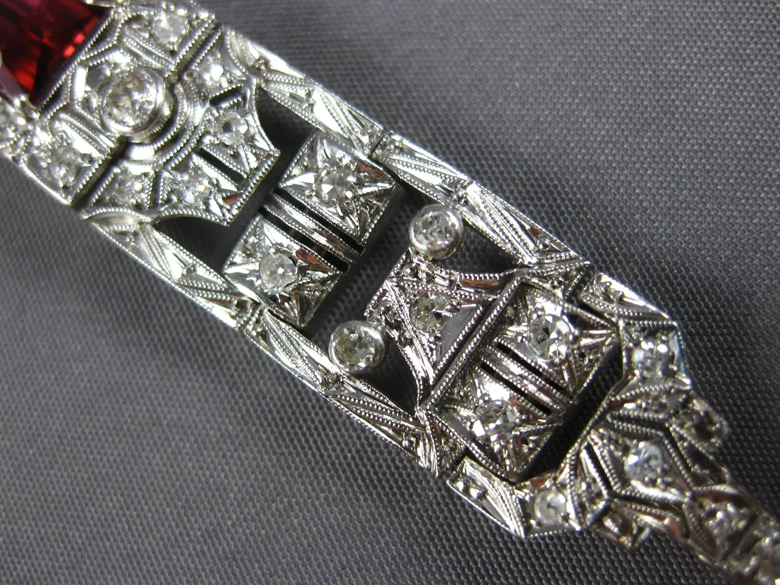 ANTIQUE LONG ART DECO OLD MINE DIAMOND & PINK TORMALINE 14KT WHITE GOLD BRACELET