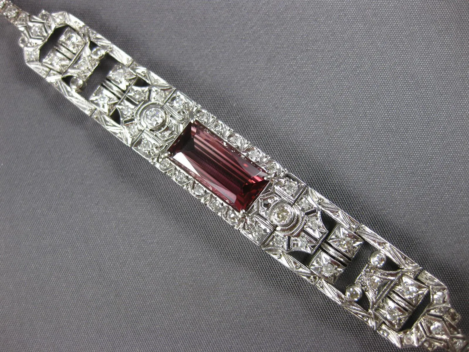 ANTIQUE LONG ART DECO OLD MINE DIAMOND & PINK TORMALINE 14KT WHITE GOLD BRACELET